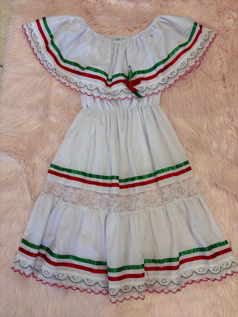 White Girls Fiesta Off-Shoulder Dress with Red & Green Trim